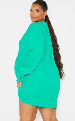 Plus Green Textured Gathered Detail Long Sleeve Shirt Dress