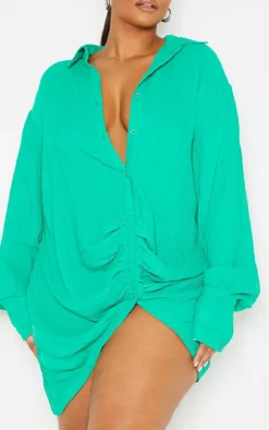 Plus Green Textured Gathered Detail Long Sleeve Shirt Dress