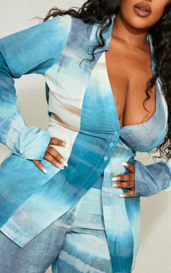 Plus Green Tie Dye Print Chiffon Fitted Shirt