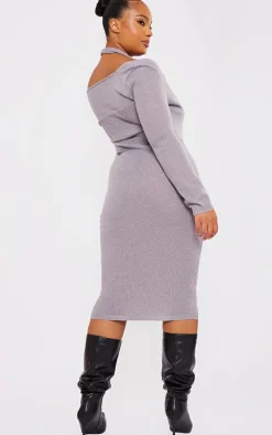 Plus Grey Halterneck Knitted Midi Dress