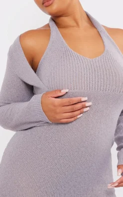 Plus Grey Halterneck Knitted Midi Dress