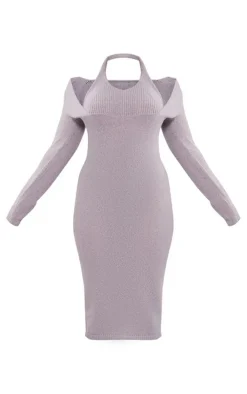 Plus Grey Halterneck Knitted Midi Dress