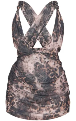 Plus Grey Leopard Double Layer Slinky Mesh Panel Bodycon Dress