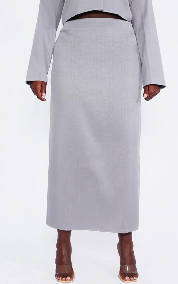 Plus Grey Linen Look Tailored Maxi Skirt
