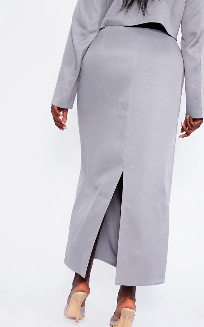 Plus Grey Linen Look Tailored Maxi Skirt