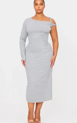 Plus Grey Marl Asymmetric Twist Shoulder Soft Touch Midi Dress