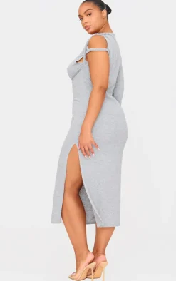 Plus Grey Marl Asymmetric Twist Shoulder Soft Touch Midi Dress