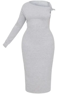 Plus Grey Marl Asymmetric Twist Shoulder Soft Touch Midi Dress