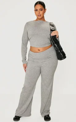 Plus Grey Marl Fold Over Soft Touch Flared Pants