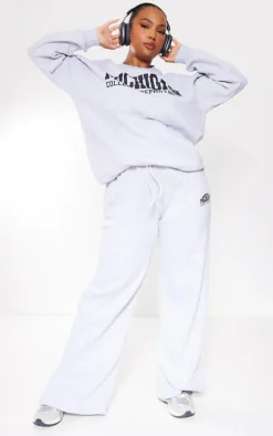 Plus Grey Marl Michigan Printed Wide Leg Sweatpants
