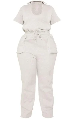 Plus Grey Marl Open Collar Sweat Jumpsuit