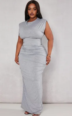 Plus Grey Marl Shoulder Pad Ruched Side Midaxi Dress