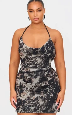 Plus Grey Printed Slinky Cowl Neck Mini Dress