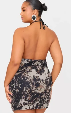 Plus Grey Printed Slinky Cowl Neck Mini Dress