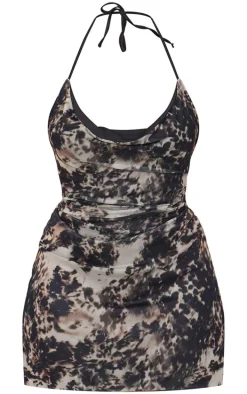 Plus Grey Printed Slinky Cowl Neck Mini Dress