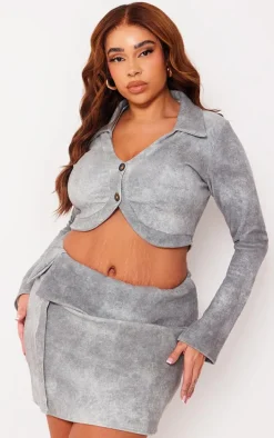 Plus Grey Ribbed Long Sleeve Button Top