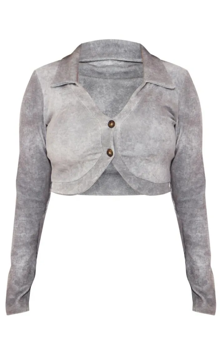 Plus Grey Ribbed Long Sleeve Button Top