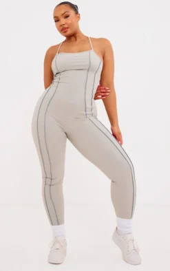 Plus Grey Sculpt Contrast Seam Strappy Long Unitard