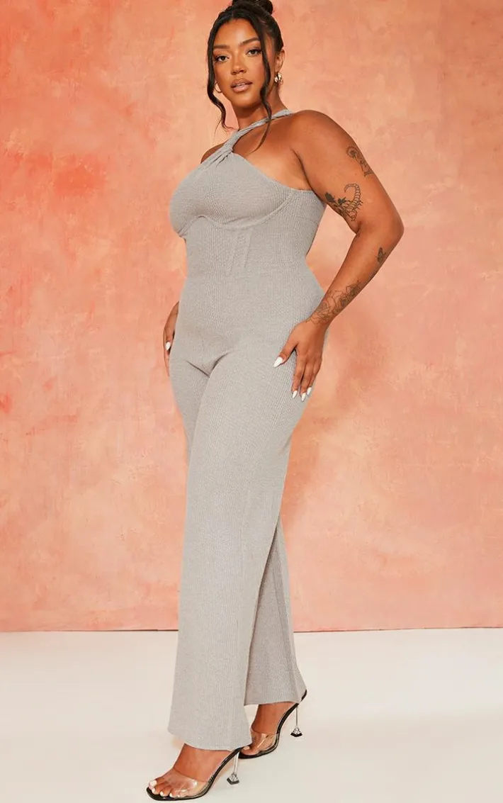 Plus Grey Twist Neck Corset Wide Leg Jumpsuit