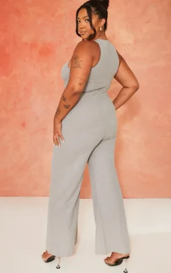Plus Grey Twist Neck Corset Wide Leg Jumpsuit