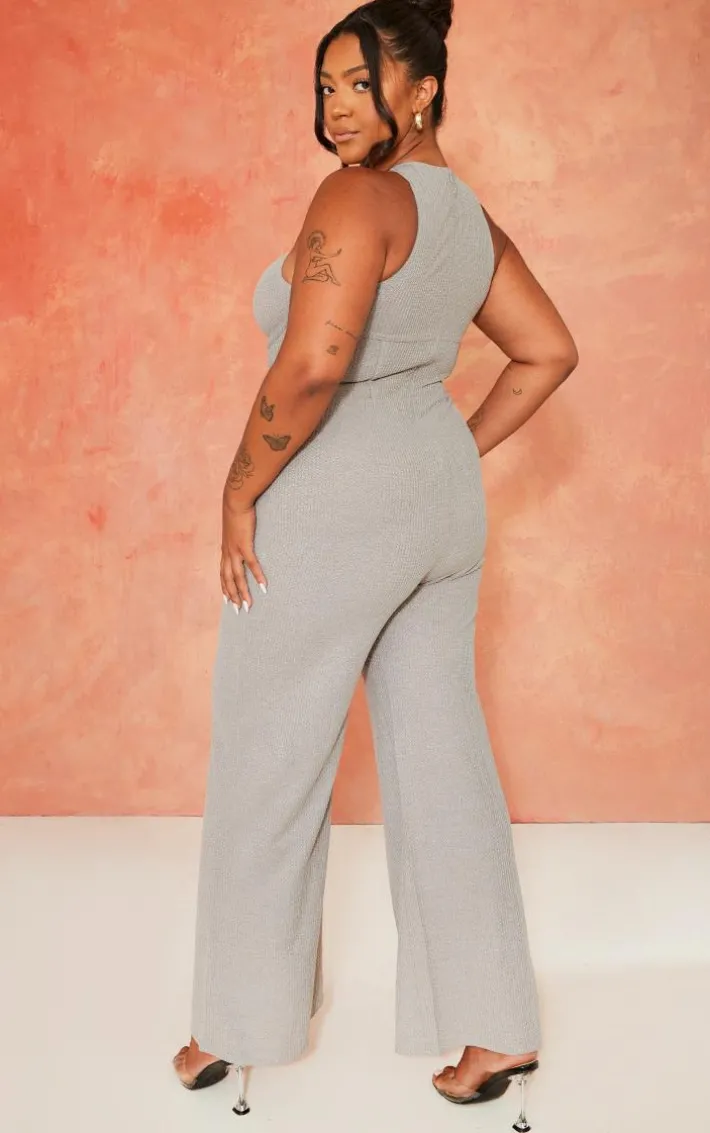 Plus Grey Twist Neck Corset Wide Leg Jumpsuit
