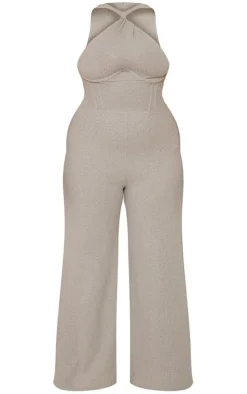Plus Grey Twist Neck Corset Wide Leg Jumpsuit