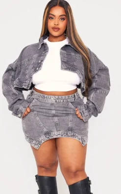 Plus Grey Washed Curved Hem Denim Mini Skirt