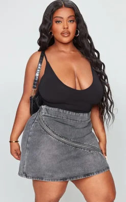 Plus Grey Washed Zip Detail Denim Skirt