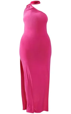 Plus Hot Pink Slinky Choker Drape Detail Maxi Dress
