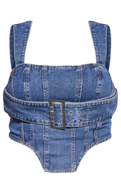 Plus Indigo Blue Wash Buckle Denim Corset Top