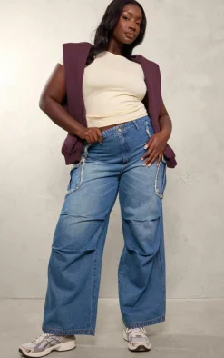 Plus Indigo Blue Wash Frayed Pocket Detail Wide Cargo Leg Jeans