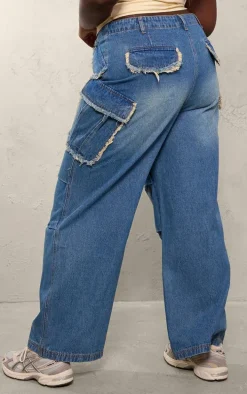 Plus Indigo Blue Wash Frayed Pocket Detail Wide Cargo Leg Jeans