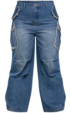 Plus Indigo Blue Wash Frayed Pocket Detail Wide Cargo Leg Jeans