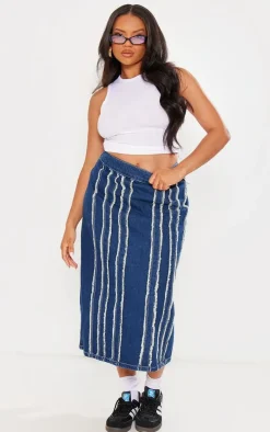 Plus Indigo Blue Wash Frayed Seam Detail Denim Midaxi Skirt
