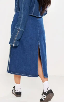 Plus Indigo Blue Wash Frayed Seam Detail Denim Midaxi Skirt