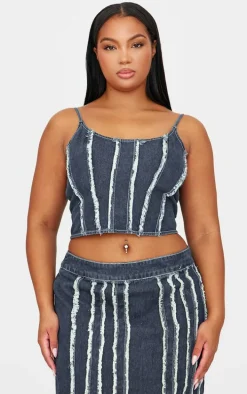 Plus Indigo Blue Wash Frayed Seam Detail Denim Corset