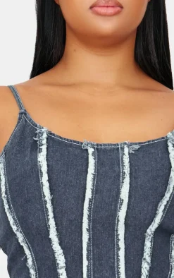 Plus Indigo Blue Wash Frayed Seam Detail Denim Corset
