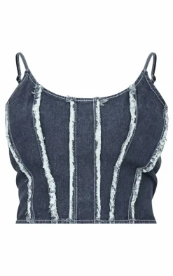 Plus Indigo Blue Wash Frayed Seam Detail Denim Corset