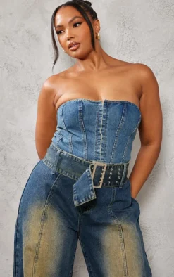 Plus Indigo Blue Wash Hook And Eye Bandeau Denim Corset