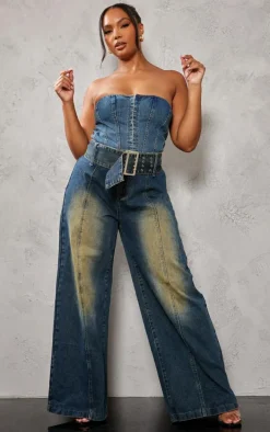 Plus Indigo Blue Wash Hook And Eye Bandeau Denim Corset