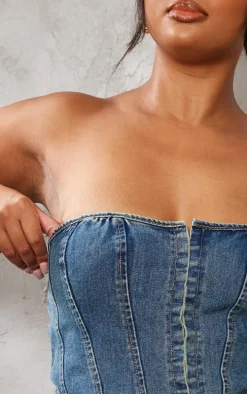 Plus Indigo Blue Wash Hook And Eye Bandeau Denim Corset