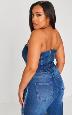 Plus Indigo Blue Wash Washed Down Distressed Look Bandeau Denim Top