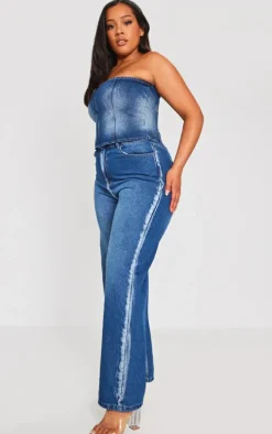 Plus Indigo Blue Wash Washed Down Distressed Look Bandeau Denim Top