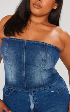 Plus Indigo Blue Wash Washed Down Distressed Look Bandeau Denim Top