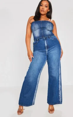 Plus Indigo Blue Wash Washed Down Distressed Look Wide Leg Jeans