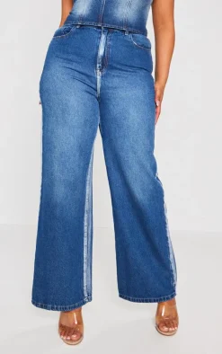 Plus Indigo Blue Wash Washed Down Distressed Look Wide Leg Jeans