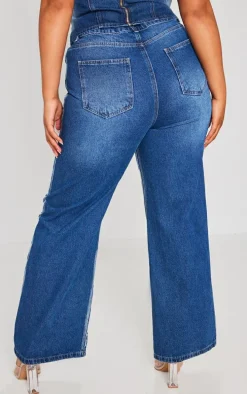 Plus Indigo Blue Wash Washed Down Distressed Look Wide Leg Jeans