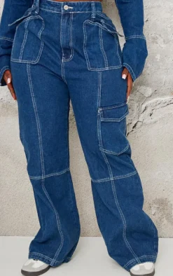 Plus Indigo Blue Wash Wide Leg Pocket Detail Denim Jeans