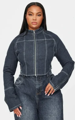 Plus Indigo Blue Wash Zip Up Cuff Detail Denim Jacket
