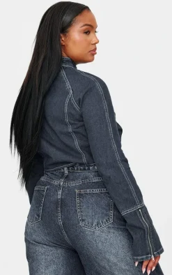 Plus Indigo Blue Wash Zip Up Cuff Detail Denim Jacket